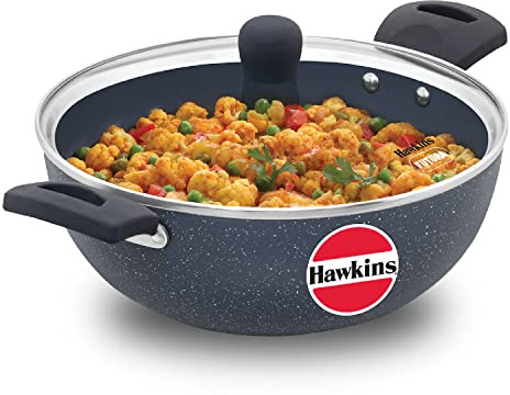 Hawkins Ceramic Nonstick 3.5 Litre Deep Kadhai, Induction Deep Fry Pan with Glass Lid, Granite Kadai (ICK35G)