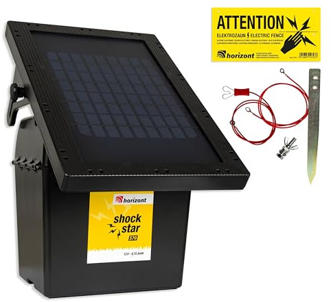horizont Électrificateur de clôture électrique solaire 9V/12V – électrificateur solaire avec panneau 10W – clôture électrique pour animaux jusqu’à 12 km – shockstar S70