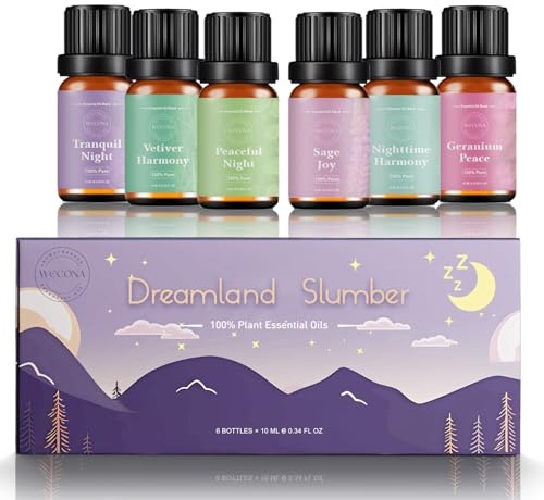 WECONA Essential Oils for Diffusers for Home - Sleep Aromatherapy Oils Set for Humidifiers, 6x10ml - Essential Oil Blends Including Lavender, Cedar, Sweet Orange, Geranium, Roman Chamomile | Lavender, Chamomile, Cedar & Orange Scents; Diffuser, Candle & Soap DIY