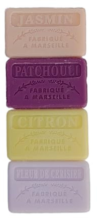 Pack 4 Savonnettes marseillaises 60g - savon artisanal enrichi en beurre de karité bio-parfum jasmin patchouli citron fleurs de cerisier