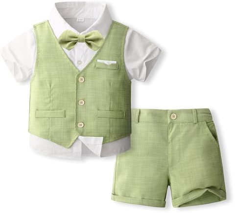 Volunboy 4-delar baby pojkar sommar bröllopskostym, småbarn formell klänning kläder outfit, kortärmad väst, shorts, skjortset, ljusgrön, 2-3 Years