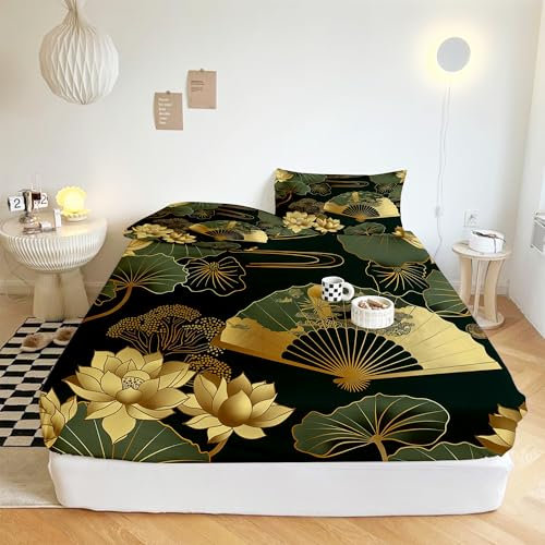 XCQHZYQ Fitted Sheet Single 90x190 cm Chinese Style Lotus Fan Fitted Sheet Bedding with 30cm Depth, Soft Bed Sheets Microfiber Fabric Ease Care Comfortable Fade Resistant