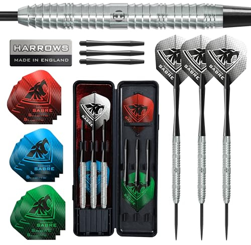 Harrows Sabre - Juego de dardos con punta de acero de tungsteno 90 %, precisión profesional, 21 g a 26 g, paquete de 23 piezas con ejes de repuesto, vuelos de maratón y estuche de viaje, probado por