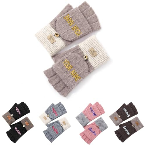 Guantes de invierno personalizados sin dedos, guantes bordados con nombre, guantes de punto térmico con vuelta, para conducir en clima frío, correr, pintar, regalos para mujeres, mamá, damas de honor,