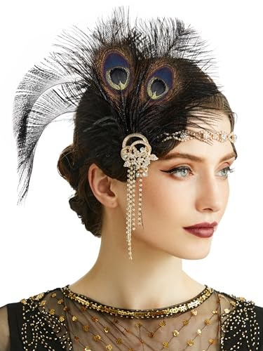 BABEYOND 1920-tal fjäder huvudbonad fjäder pannband Great Gatsby hårtillbehör för kvinnor svart