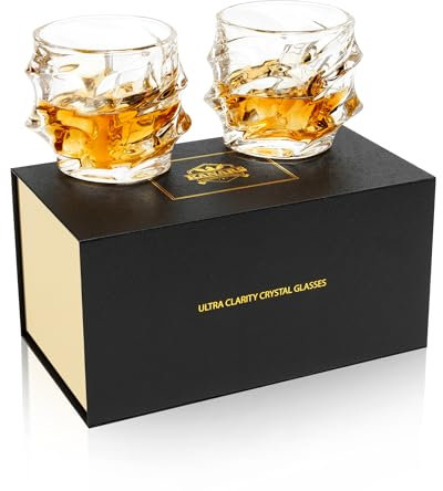 KANARS Whiskey Glass 11 Oz, Set of 2 Crystal Rock Glasses for Scotch Bourbon Snifter Brandy Irish Whisky, Unique Liquor Tumblers for Men Dad Gift