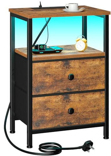 LOAKEKEL Bedside Table with Charging Station, Side Table with LED Light, Small Nightstand with 2 Fabric Drawers and Open Storage Shelf, Bedside Cabinet for Bedroom, Living Room Brown UHETS02BR-1