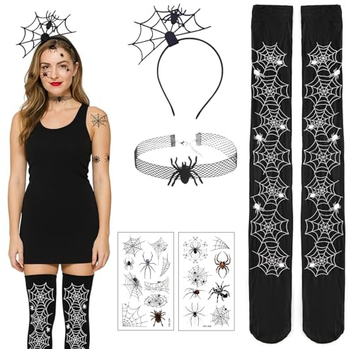 BaiDekun Spinnenkostüm Damen Set inklusive Spinnenweben-Strumpfhosen, Spinnennetz-Zubehör-Set, Spinnen-Gesichtstattoos, Spinnen-Halsbändern, Fledermaus-Kostüm Damen, Karneval