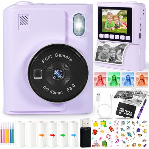 CYJJYZ Appareil Photo Instantané, 1080P Appareil Photo Enfant, 2,4 Écran, avec Carte de 32GB, Lecteur de Cartes, 6 Rouleaux de Papier d'impression, Cadeau Jouet pour Garçons Filles de 3 à 12 Ans
