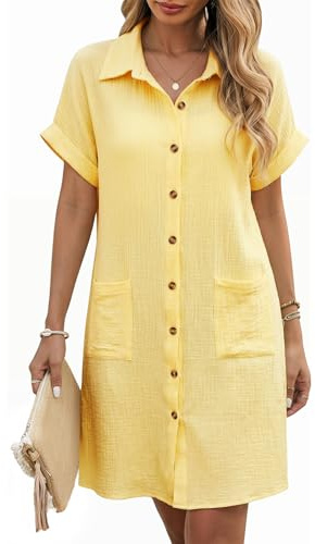 PASUDA Abito Estivo Donna Vestiti Camicia con Bottoni Vestito Scollo a V Maniche Corte Casual Elegante Abiti Comodo Cotton Larghi Copricostume Spiaggia Mare con Tasche(Giallo,XL)