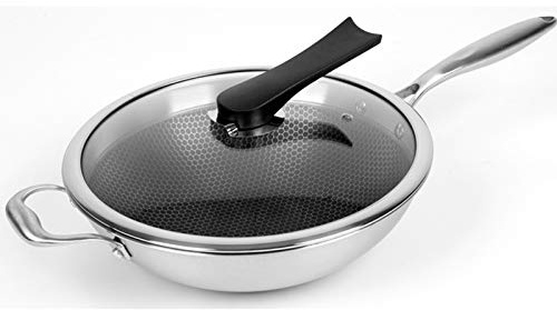 Padella wok antiaderente con coperchio sicuro per forno, design a nido d'ape, struttura in acciaio inossidabile, superficie antigraffio, ideale per friggere in cucina, diametro 34 cm