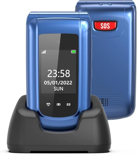 CHAKEYAKE Téléphone Portable pour Seniors à Clapet Débloqué, Grandes Touches, Écran 2,4'' + 1,77'', Bouton SOS, Volume Élevé, Base de Recharge, Appareil Photo, Bleu