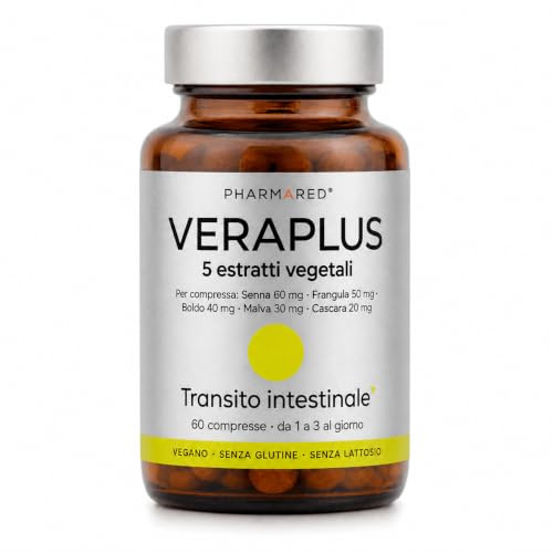 VERAPLUS Lassativo Naturale per Stitichezza e REGOLARITÀ INTESTINALE con Senna, Cascara, Frangula, Boldo e Malva – Favorisce il Transito Intestinale – 60 Compresse Vegane, Pilloliera Vetro