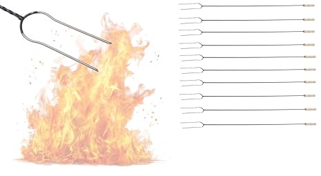 Aqbau Set med 10 grillspett 130 cm med dubbel spets i rostfritt stål, lägereld spett i svart stål med trähandtag, långt grillbestick-set för pinnbröd, marshmallows, korv och grillmat