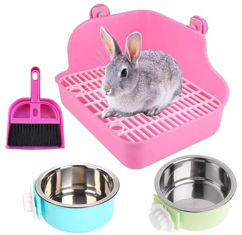 PINVNBY Rabbit Litter Box for Cage Bunny Corner Bedding Box Small Animal Litter Pan Hanging Pet Bowls Cage Potty Trainer Pet Toilet for Rabbit Bunny Guinea Pigs (Pink)