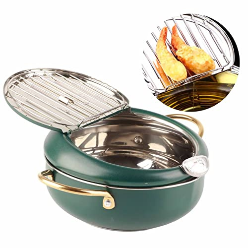 Alvinlite Deep Fryer Pot, Small Tempura Deep Fryer, Stainless Steel Japanese Frying Pot with Thermometer, Green Deep Fat Fryers for French Fries Shrimp 2.2 Liter Oil Capacity(S)