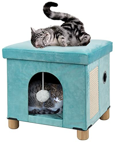 BRIAN & DANY Vikbar kattsäng för inomhuskatter, stor kattkub för husdjur, katthus med klösbräda för katt och kattboll, 31 x 31,8 x 36 cm, grön