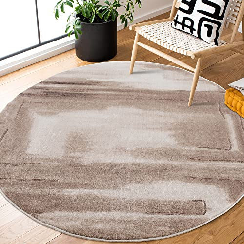 payé Teppich Rund - Beige Braun - 120x120cm - Bordüre Marmor Optik - Modern Vintage Muster Boho Style Wohnteppich fürs Wohnzimmer Schlafzimmer Dekoration