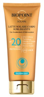 Biopoint Solaire - Latte Solare Corpo Sublimante SPF 20 con Acceleratore di Abbronzatura, Azione Antiossidante e Idratante, Dona una Pelle Dorata e Luminosa, 200 ml