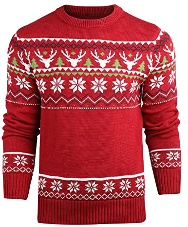 Danfiki Jultröja, herr, rund hals, varmstickad tröja för jul, röd, M