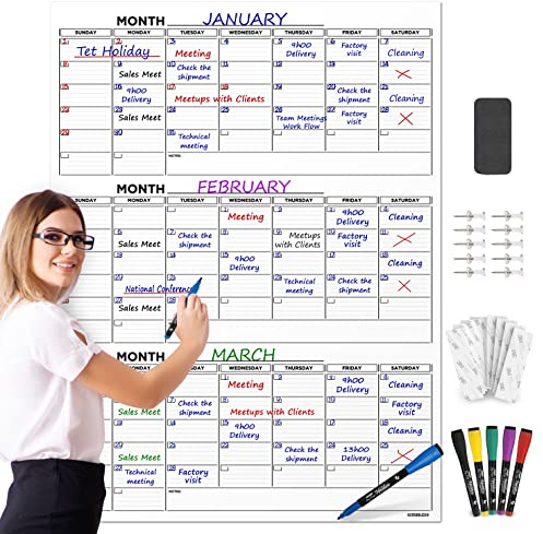 Large 36x48 Quarterly White Board Calendar Dry Erase Calendar for Wall 3 Month Big Dry Erase Wall Calendar Monthly Dry Erase Board Planner Includes 6 Markers Eraser Push Pins & Mounting Tape