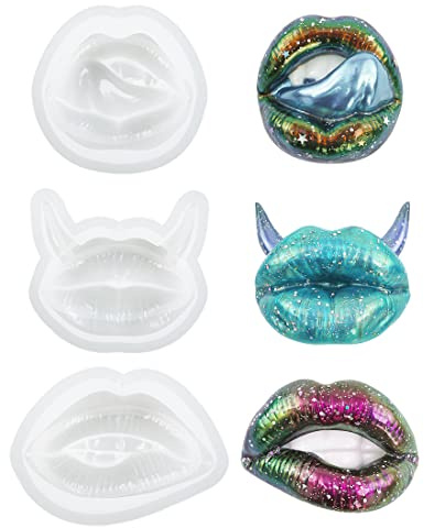 Voyyphixa 3PCS 3D Lips Shape Molds for Epoxy Resin, Mouth Resin Molds, Epoxy Silicone Casting Molds for Candle Making, Cake Decoration, Resin Casting Art Crafts (Style B)
