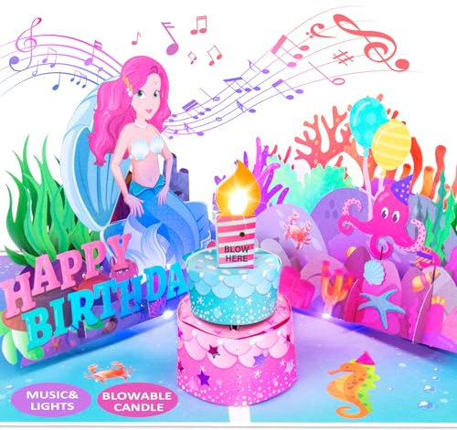 FITMITE Musikalische Geburtstagskarte mit Licht,Meerjungfrau 3D Pop-up-Karten Blowable Kerze Jubel Sound,Geburtstag Grußkarten Geschenke für Kinder Mädchen…