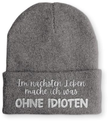Spruchmütze Strickmütze Idioten Wintermütze Mütze lustige Beanie mit Stick, Farbe: Grau