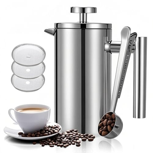 Wrobic Cafetiere French Press Kaffeemaschine, 1000ml/963.9 g doppelwandig isolierter Edelstahl, 3-stufiges Filtersystem, französische Presse für Zuhause, Camping und Büro (6 Tassen bis 8 Tassen)