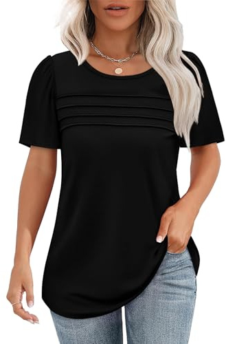 Chicrise Blusas Mujer Verano Manga Corta Plisado Elegantes Camiseta Mangas Abullonadas Holgada Cómodo Top Negro Grande 42-44