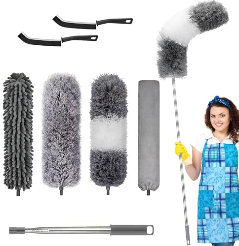Lot de 7 plumeaux télescopiques, lavables, longs, extensibles jusqu'à 254 cm, en microfibre, lavables pour le nettoyage sous le canapé, les toiles d'araignée, les couvertures, les toiles d'araignée