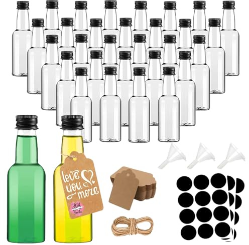Kiswleon 30Pack Miniature Alcohol Bottles 50ml,Plastic Mini Shot Bottles with Screw Caps,Hangtag,Funnel,Label,Ropes-Reusable Empty Small Bottle for Wedding Favours for Guests
