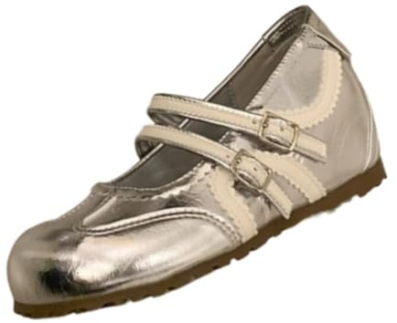 Sneakerina Wedge Ballet Sneakers for Women Slip On Ballerina Mary Jane Flats Lightweight Leather Tennis & Racquet Sport Shoes Buckle Strap Casual Back to School Gifts for Daughters Granddaughters (Sliver,6.5)
