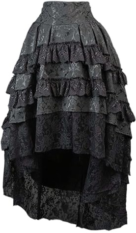 Gonna gotica da donna con taglio Vokuhila - gonna a gradini asimmetrica in pizzo e broccato | Gonna lunga per abiti steampunk e vittoriani, Stil_r01 Nero, M