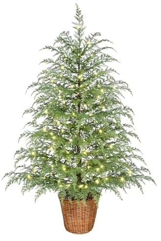 35''Pre-Lit Green Cypress Artificial Christmas Tree, Warm White LED Lights Twinkling Glow, Tabletop Decor with Timer Function for Office Apartment Entryway Indoor Use Green, 100 Led