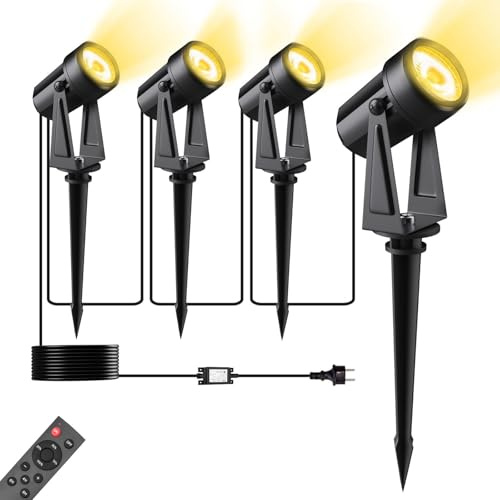 LED Gartenbeleuchtung mit Strom Remote Timer 14M 4-1Set IP65 Wasserdichter | Pogestrand 3000K Warmweißem Gartenstrahler mit Adapter,2W COB Wegeleuchten 27V Led Strahler Außen für Garten Yard Hof
