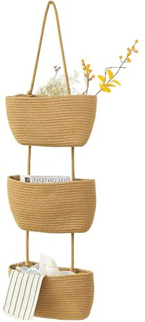 3 Etagen Hängekorb, Große Boho Wanddeko Hängekörbe Baumwolle Wandkörbe Aufbewahrungskorb Wandkorb mit Griff Geflochten Dekorative Hängekorb für Wand Bad Kinderzimmer