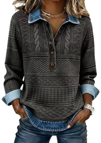 Suéter de mezclilla para mujer, cuello con botones, retazos, vintage, punto gofre, casual, blusas, tops para mujer, Gris Profunda, M