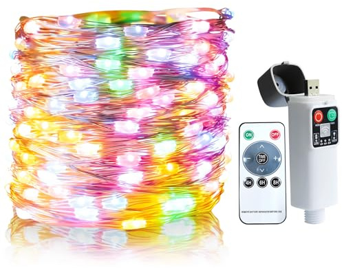 Guirlande lumineuse LED rechargeable par USB - 10 m - 100 LED - Pour l'intérieur et l'extérieur - Avec télécommande - Étanche - 8 modes - Fil lumineux - Éclairage de Noël pour fête, mariage, Pâques (B