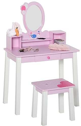 HOMCOM Tocador Infantil con Taburete y Espejo Tipo Princesa Mesita de Maquillaje de Madera Rosa Juguete para Niñas 60x34x93 cm