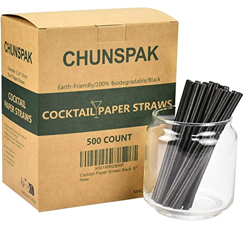 Paper Cocktail Straws 5 inch - 500 ct. Biodegradable Small Black Paper Drinking Straws Bulk for Short Drinks, Restaurant, Bar, Food Services