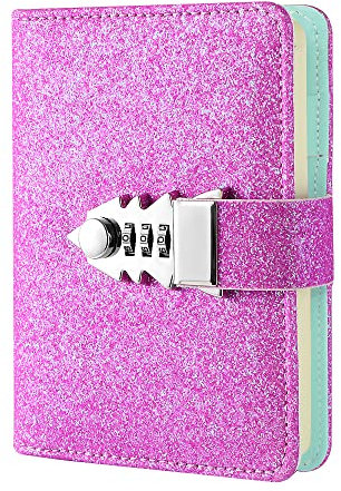 NectaRoy Sequin Lockable Diary, Refillable Password Notebook Writing Journal Planner Organizer with Combination Lock, Loose-Leaf Lined Notepad Sketchbook, Size 185x135mm