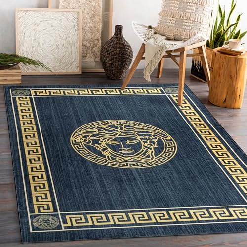 rugsx Tappeto moderno lavabile ANDRE per la camera dei bambini, il soggiorono, la hall, la moquette lavabile in lavatrice, Telaio, medusa greca, antiscivolo - blu/oro 160x220 cm