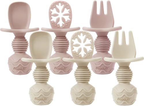 PandaEar 6 Pack Silicone Baby Spoons Forks Weaning Set, Short Toddler Cutlery with Anti-Choke Guard & Snowflake Pre-Spoon Dipper for Self Feeding, Stage 1 & 2 Infant Training Supplies(Pink & Linen)