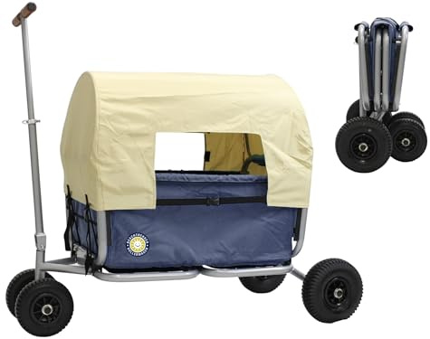 Notrekker Life vikbar rullvagn, vikbar handvagn med massiva gummidäck + parkeringsbroms solskydd (blå) (Blue, gummi däck)