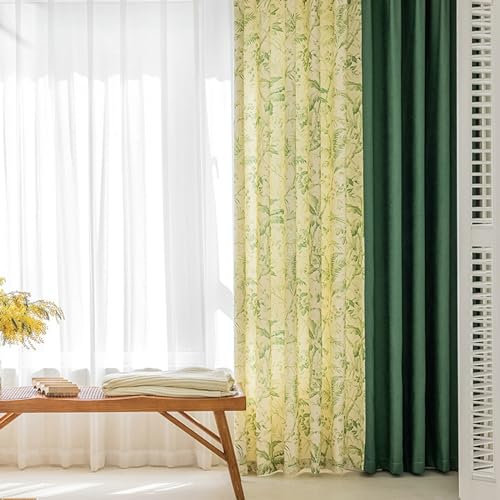 Bishilin Vorhänge Blickdicht 2er Set 137x214CM, Gardinen Stangendurchzug Verbinden Landhausstil mit Blätter Muster Verdunklungsvorhänge Grün Wohnzimmer Kinderzimmer Schlafzimmer
