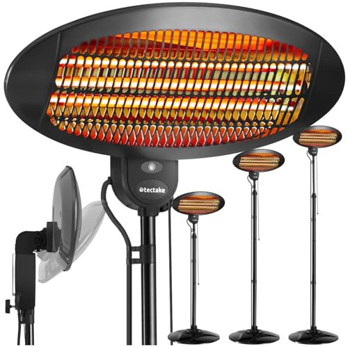tectake® Riscaldatore a infrarossi, 2000W, Lampada Riscaldante Regolabile in Altezza, per Interni ed Esterni, Lampada Infrarossi Riscaldante, 3 Livelli di Potenza, Protezione Anti-Ribaltamento - Nero