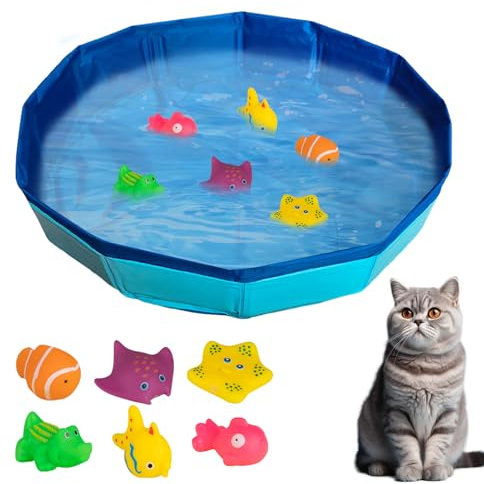 Katzenpool,Faltbarer Katzen-Pool Mit 6 Spielzeug Für Katzen,Wassermatte Katze Spielzeug Für Katzen,Hundepool Schwimmbad Klein Planschbecken Für Hunde Und Katzen,Wasserspielzeug Katze (50 * 8cm)