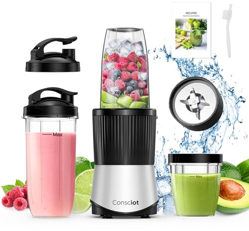 Consciot CB08 11-Piece Blender for Kitchen and Personal Size, Blend Shakes and Smoothies, Frozen Drinks, Baby Food, Spreads & More, 3 Portable To-Go Cups & 2 Spout Lids & 1 Solid Lid, 900 Peak Watts