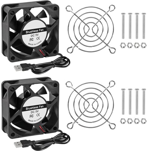2Pcs 60mm 6025 Fan 60x60x25mm 5V Computer Cooler Fan 6cm Dual Ball Bearing USB Fan with Grills Metal Protective Net Cove for Computer 3D Printer Machine Equipment